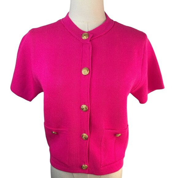 Zara Tops - ZARA Bright Pink Short Sleeve Small Knit Cardigan With Gold Buttons & Pockets